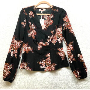 Leyden Shirt Womens Small Black Pink Blouse Floral Wrap Snap Peplum Long Sleeve